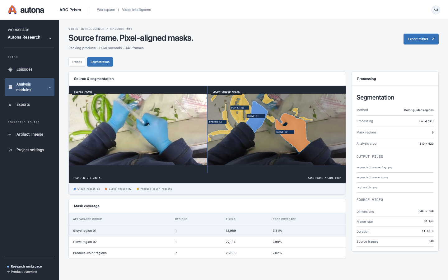 Prism / Segmentation interface preview. Compare a source frame with its pixel-aligned, color-guided masks.