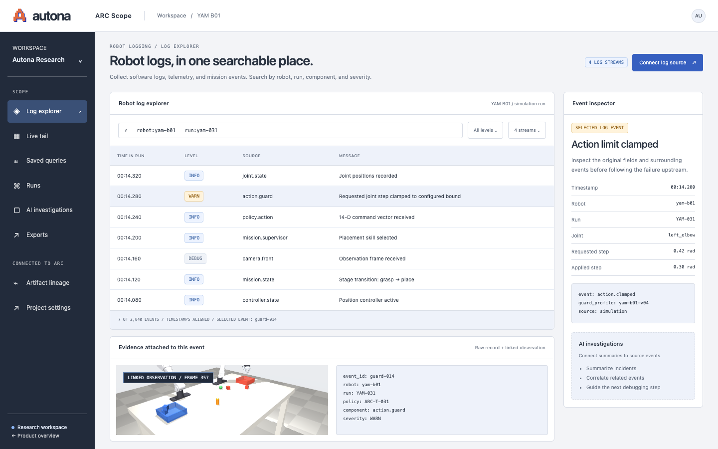 ARC Scope interface preview. Search by robot, run, severity, and component. Follow the timeline and inspect the original fields behind each event.